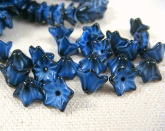 Czech Beads, Czech Flower Beads - Blue Flower, Denim and Dark Blue Mix (BF/RJ-0995) - Czech Glass 5 Petal Flower Bead - 6x9mm - Qty 12