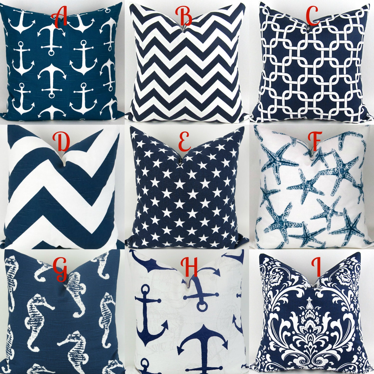Nautical Pillow Covers 18x18 Mix/Match patterns navy blue