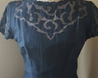 Vintage 1940s Illusion Bodice Little Navy Dress, Sz L