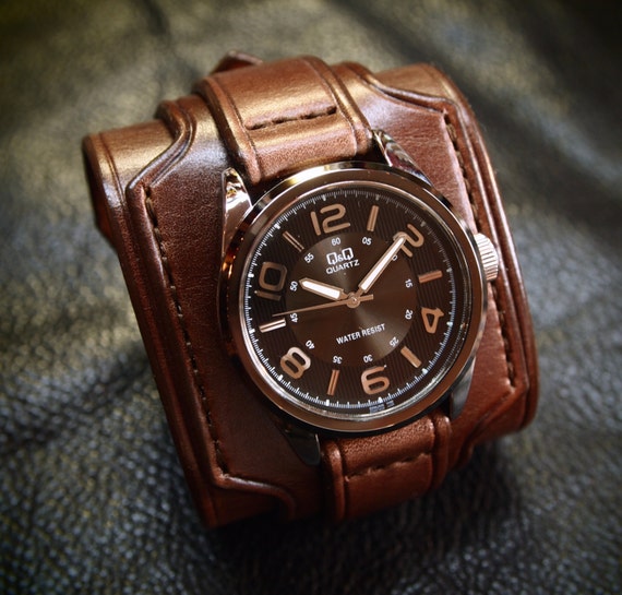 Leather cuff watch wrist watch vintage Nathan Drake style wide layered Brown bridle leather