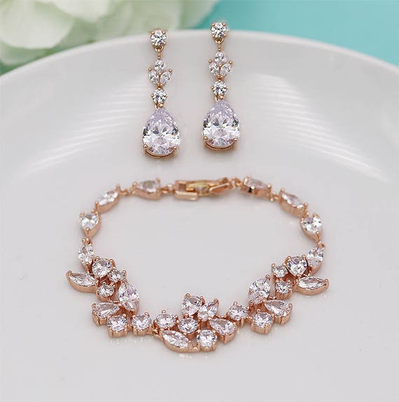 Rose Gold Bridal Bracelet Set Wedding Earrings and Bracelet