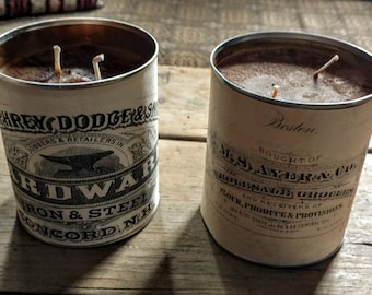 Tin can double wicked soy Candle with antique bill head