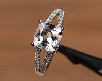natural white topaz ring gemstone engagement ring cushion cut sterling silver ring