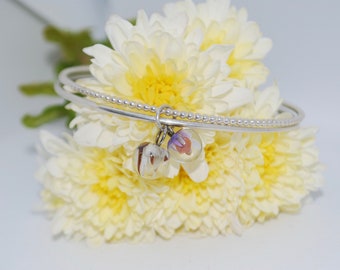 Evening Breeze Handmade Sterling Silver Fine Double Bangle Adorned with Lampworked Glass Pendants