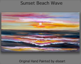 Original abstract painting oil painting Sea art Beach Wave with fiery sky on gallery wrap canvas 48x24