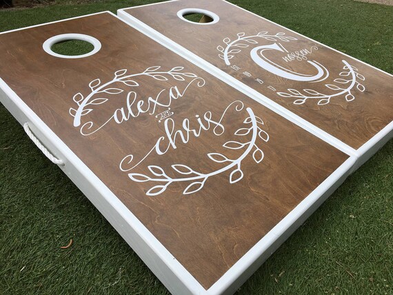 Monogrammed Leaf Wedding Cornhole Boards