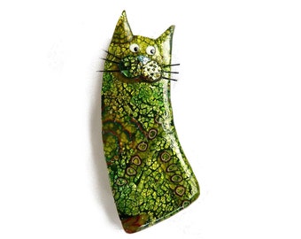 Cat brooch, Cat pin named CLOVIS, cat lovers gift green polymer clay cat pin Animal brooch, collectible cat, Mothers day gift for cat lovers