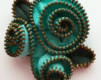 Aqua Abstract Floral Brooch / Zipper Pin by ZipPinning 3147