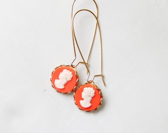 Vintage Coral Cameo Cabochon Earrings, Cameo Earrings, Cameo Jewlery, Coral Earrings