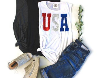 4th of July Shirt Tank. SEQUIN July 4th Tank . USA American Flag Shirt Tank. Patriotic. America. Red White Blue. July 4thTank. American
