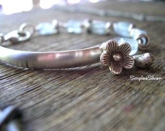 Sterling Silver Bar Bracelet - Rough Cut Aquamarine Bracelet - Sterling Silver Flower Charm Bracelet - SimpleeSilver Jewelry