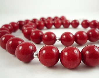 Red Necklace Beaded Bright Red Bead Necklace Cherry Red Necklace Red Glass Necklace Silver Red Beaded Necklace Short Red Strand
