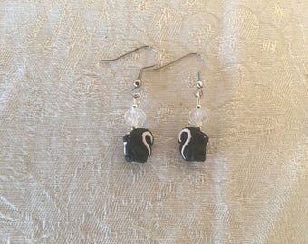 Ceramic Skunk And Clear Aurora Borealis Crystal Sterling Silver Pierced Earrings