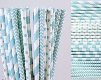 Light Blue Paper Straw Mix-Light Blue Straws-Polka Dot Straws-Chevron Straws-Gender Reveal-Striped Straws-Party Straws-Mason Jar Straws