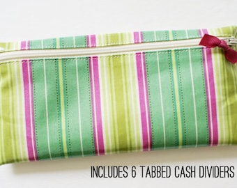Cash system budget wallet with 6 tabbed dividers | turquoise, pink, green stripes designer laminated cotton fabric