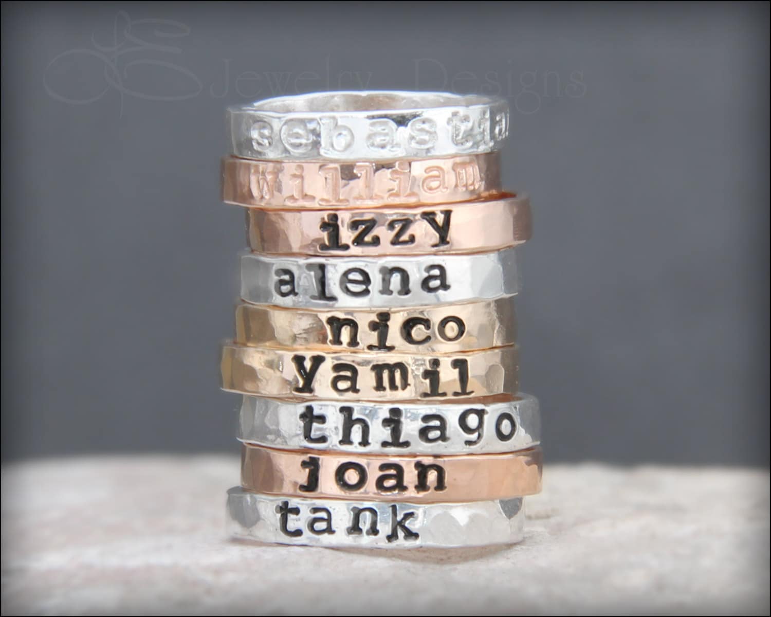 Hand Stamped Stacking NAME RING kids name ring gold rose