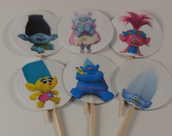 SALE set of 12 cupcake picks, Trolls birthday theme, Birthday cupcake toppers, Birthday cupcake picks, trolls cupcake picks, double sided