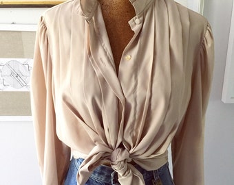Vintage 80s beige pleated poet blouse , size L