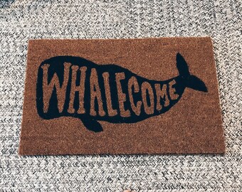 Whalecome Welcome Mat, Nautical, Whale themed gift, Beach Cottage Vibe, black or blue, coastal decor, doormat
