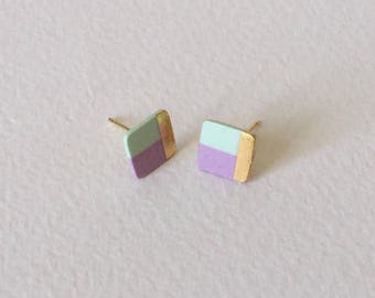Square stud porcelain earrings- light pink, mint, 24k gold filled, geometric earrings, minimalist studs, gift for her