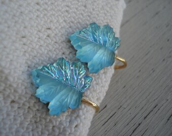 SALE Vintage Aqua Glass Leaf Leaves Gold Clip Earrings Half Frosted Arctic Ice