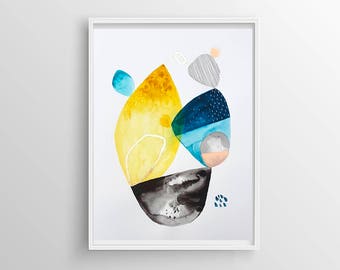 Blue and yellow shapes original acrylic abstract painting, geometric abstract wall art, original painting