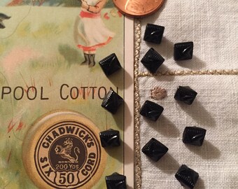 Vintage Black Jet Tiny Square Buttons Set/12