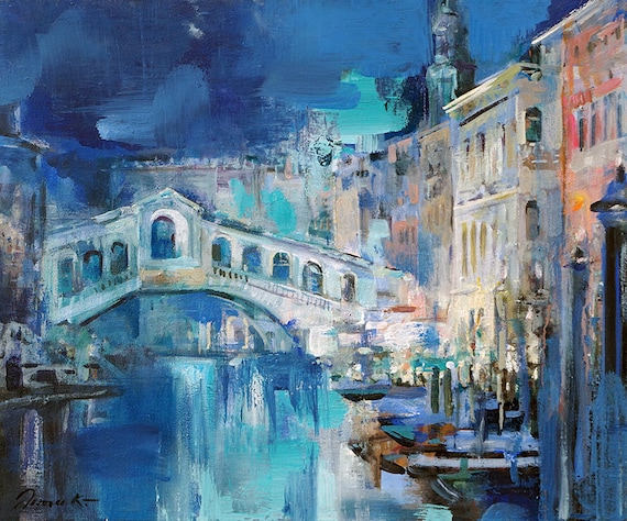 Venice At Night Original Oil Painting 20x24in Canvas Rialto