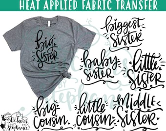 IRON On v122-L1 Big Little Sister Cousin Script Heat Applied T-Shirt Transfer *Specify Color Choice in Notes or BLACK Vinyl