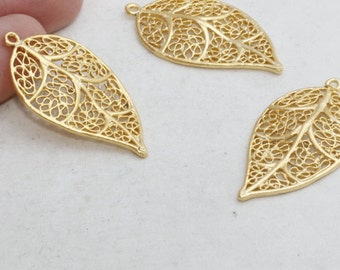 2 Pcs 24k Matt Gold Leaf Pendant 21x40mm 24k Matt Gold Pendant Charms , Leaf Charms , BRT11