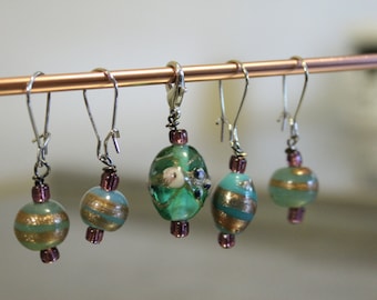 Blue and Gold with purple beads Stitch markers for Knitting and Crochet