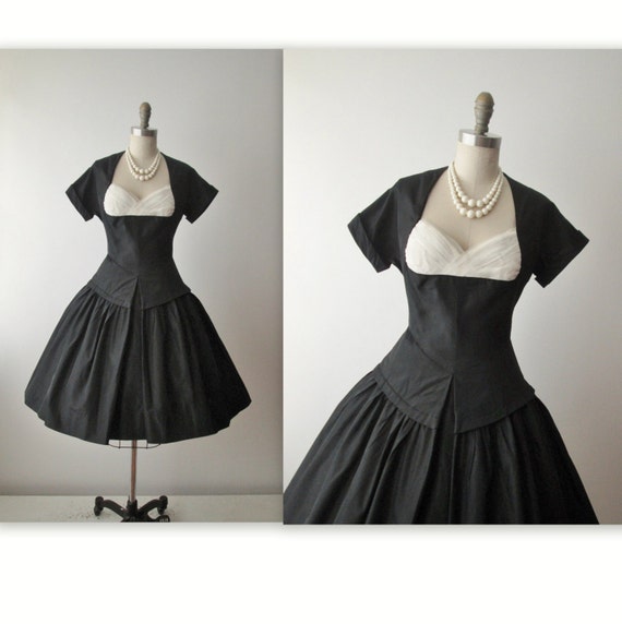 50's Taffeta Dress // Vintage 1950's Black Taffeta