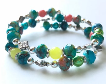 Memory Wire Bracelet, Double Wrapped, Medium Green, Turquoise Blue, Coral, Yellow, Glass Pearl Beads