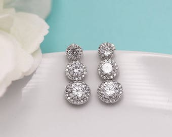 Earrings for Weddings, Bridal Earrings, Round Wedding earrings, cubic zirconia earrings, Round Halo Earrings, Ansley Drop Earrings