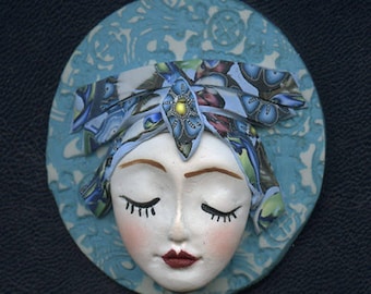 OOAK Polymer clay Detailed Caned hat face cab Blue , Abstract ANWB 1