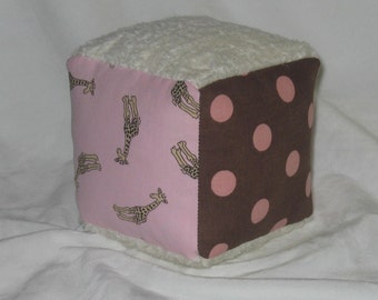 Pink Tossed Giraffes and Chenille Fabric Block Rattle - SALE