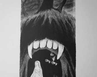 VINTAGE large Edward GOREY print / poster 1970s DRACULA and Lucy Vampire Gothic goth Count Dracula gory Moon