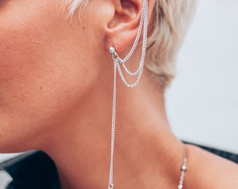 Leaf Detail Earring With Attached Cuff Ring