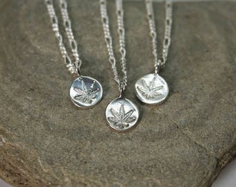 Sterling Silver Dainty Hemp Charm Necklace on 925 figaro chain