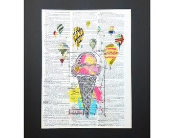 Ice cream Cone and Air Ballons on Vintage Dictionary Page Art Print, Wall Decor, Digital Manipulation with Sparks of Glitter,