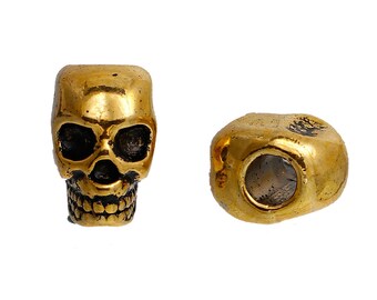10 Gold Metal SKULL Beads, Large Hole, drilled top to bottom, great for leather cord, 12mm, bme0411a