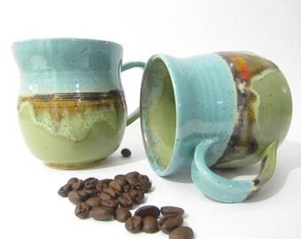 Coffee Mug, Tea Cup, Handmade Pottery Mug, Tea Mug, Handmade Ceramics in Turquoise Olive Green, Red Abstract Landscape Design