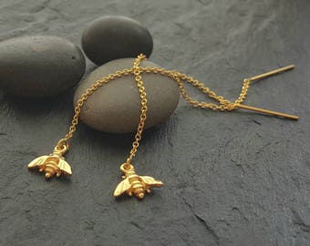 Gold bee drop earrings gold filled bee threader earrings golden bee earrings