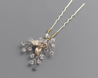 Swarovski Crystal Bridal Hair Pin, Gold Wedding Hair Pin, Floral Gold Hair Pin, Hair Pin for Bride, Gold Hair Pin, Floral Hair Pin - 7002