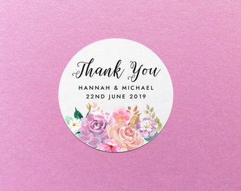 Wedding Thank You Stickers, Personalized Floral Thank You Labels, Pretty Wedding Stickers, Wedding Favour Stickers, Party Favor Stickers