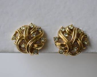 Earrings Signed Crown Trifari Gold Tone Clip Ons with Rhinestone Accents in a Swirling Open Work Pattern Vintage Retro Women's Jewelry