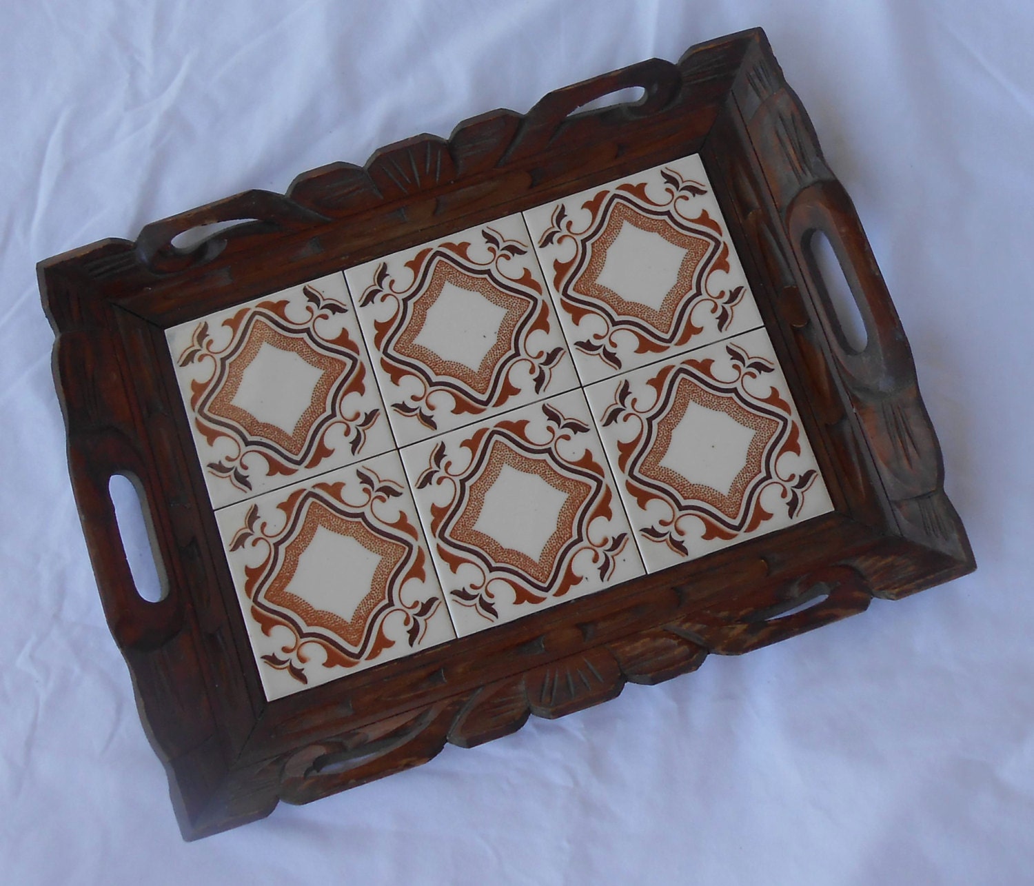 Vintage Tile Carved Wood Tray Serving Platter 1970s Earth