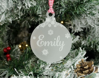 Personalised Christmas Tree Decoration, Frosted Acrylic. Engraved Name Xmas Bauble with Snowflakes Frozen Ice. Laser Cut Hanging Gift.