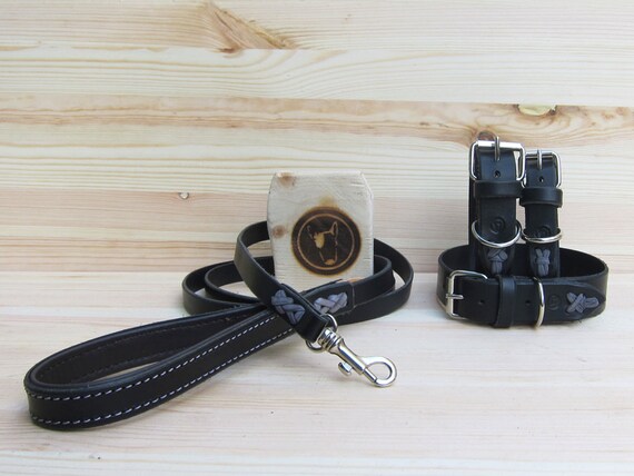 Black Dog Collar and Leash Set, Prime Leather, Comfort Adjustable Collar and Strong Classic 4 Foot Leash, Soft Grip Walking Dog Lead