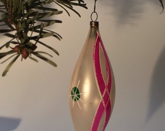 Czech Bohemian Christmas Glass Ornament Silver Pink Drop
